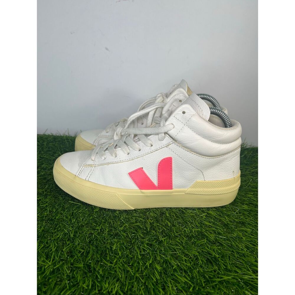VEJA White Pink Neon High Top Sneakers Women’s Size 6 EU 37 Leather Casual Shoe